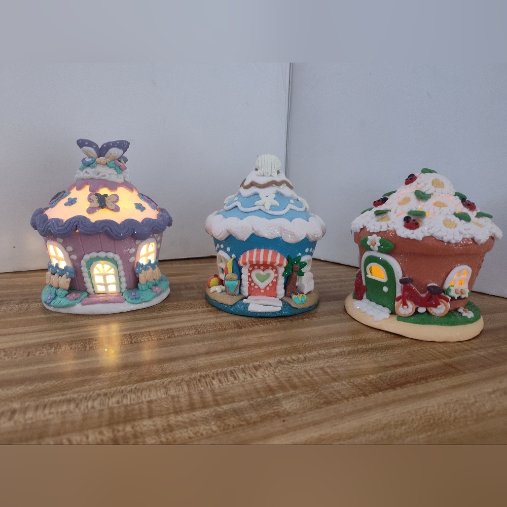 Valerie Parr Hill Set of 3 Easter Spring Pastel Cupcake Cottages - Lights Up!